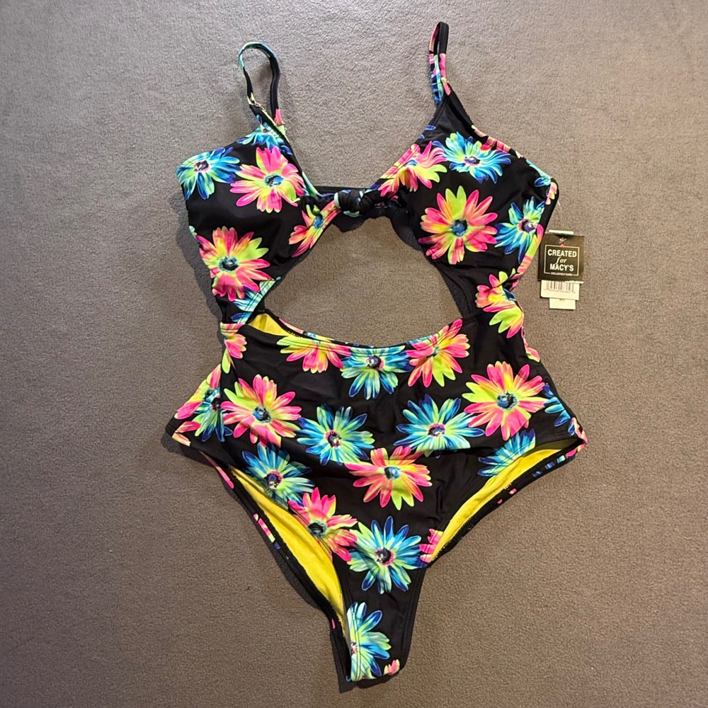 California Waves Womens Neon Floral Cutout High Leg One Piece Swimsuit CW22216 L